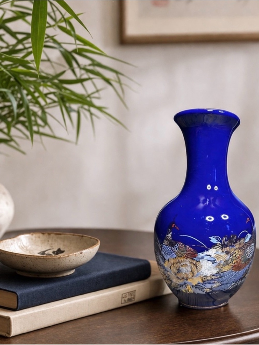Vintage Japanese Cobalt Blue Porcelain Vase with Peacock Design